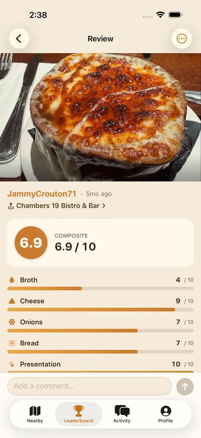 Review screen showing score categories for broth, cheese, onions, bread, and presentation.